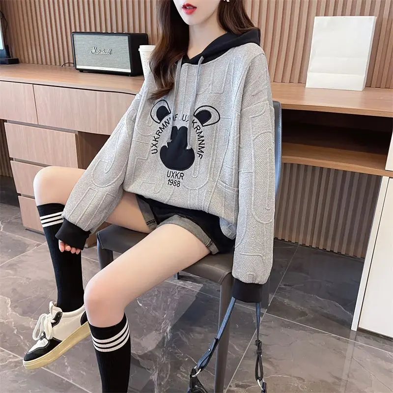 Fashion Pockets Letter Embroidery Hoodies Sweatshirts Female Clothing 2024 Autumn Winter New Loose Casual Tops Sweet Sweatshirts