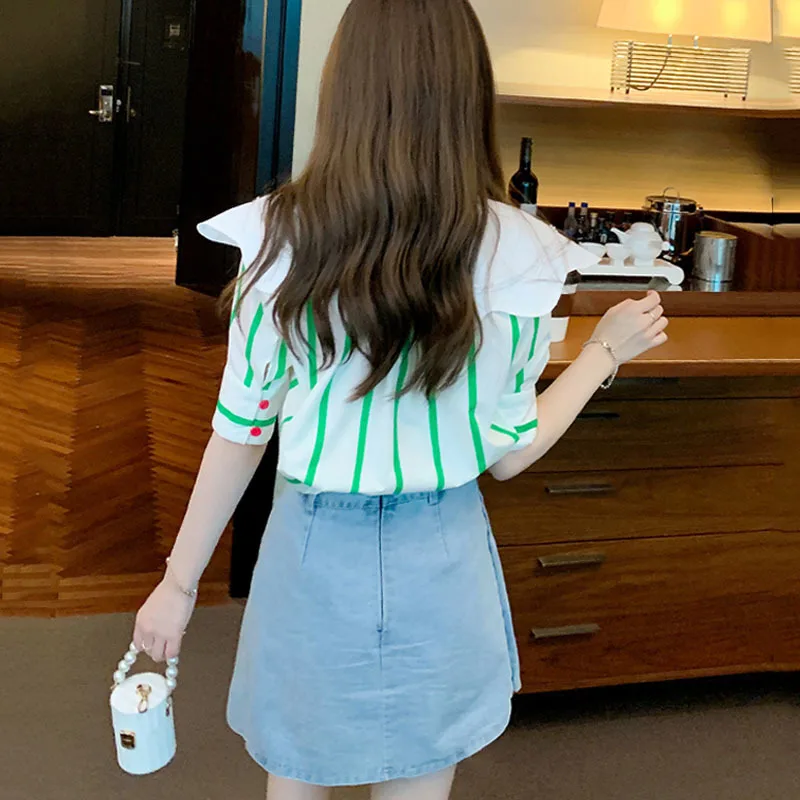 Summer Embroidered Stripes Chiffon Blouse Womens Loose Casual Vintage Basic Shirts Office Top Korean Popular Clothes