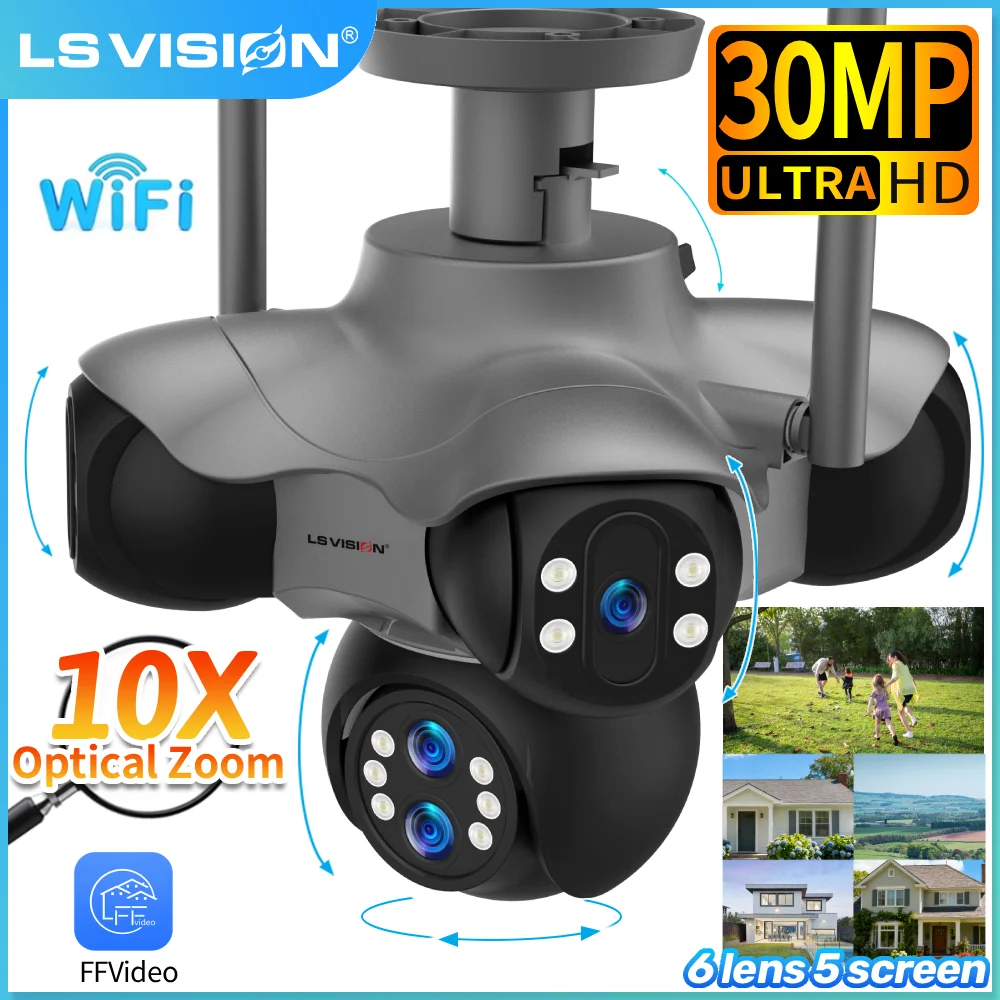 

LS VISION 10X Zoom 5 Screen WiFi Camera 30MP 6Lens Wifi Security Camera Outdoor Human Auto Tracking 720° PTZ Surveillance IP Cam