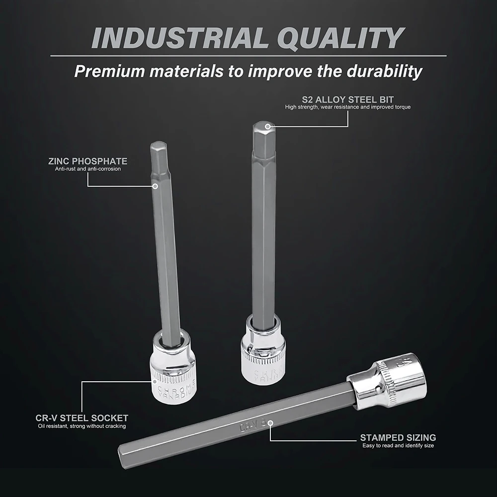 Extra Long Hex Bit Socket Set 7 Piece H3-H10 CR-V and S2 Material 3/8" Drive 110mm Length with