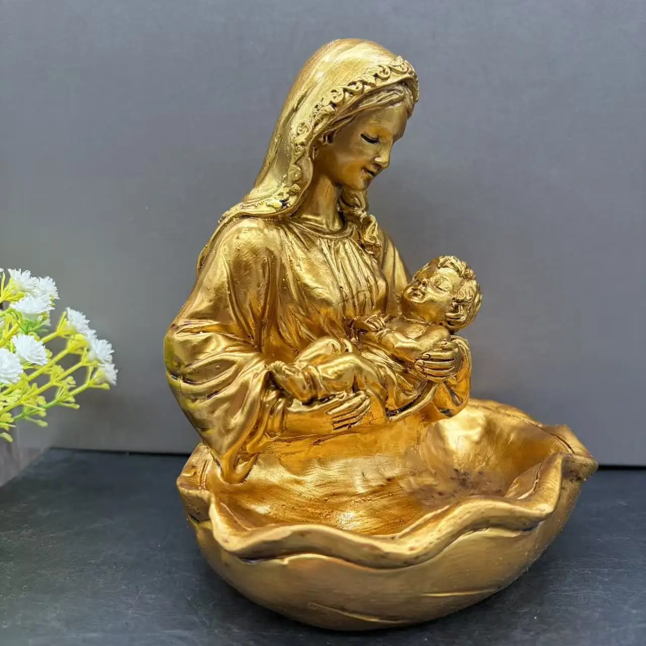 Resin Madonna Statue Holy Water Font, Durable Safe Design, Elegant Religious Decoration, Ideal for Home Prayer Room and Baptism