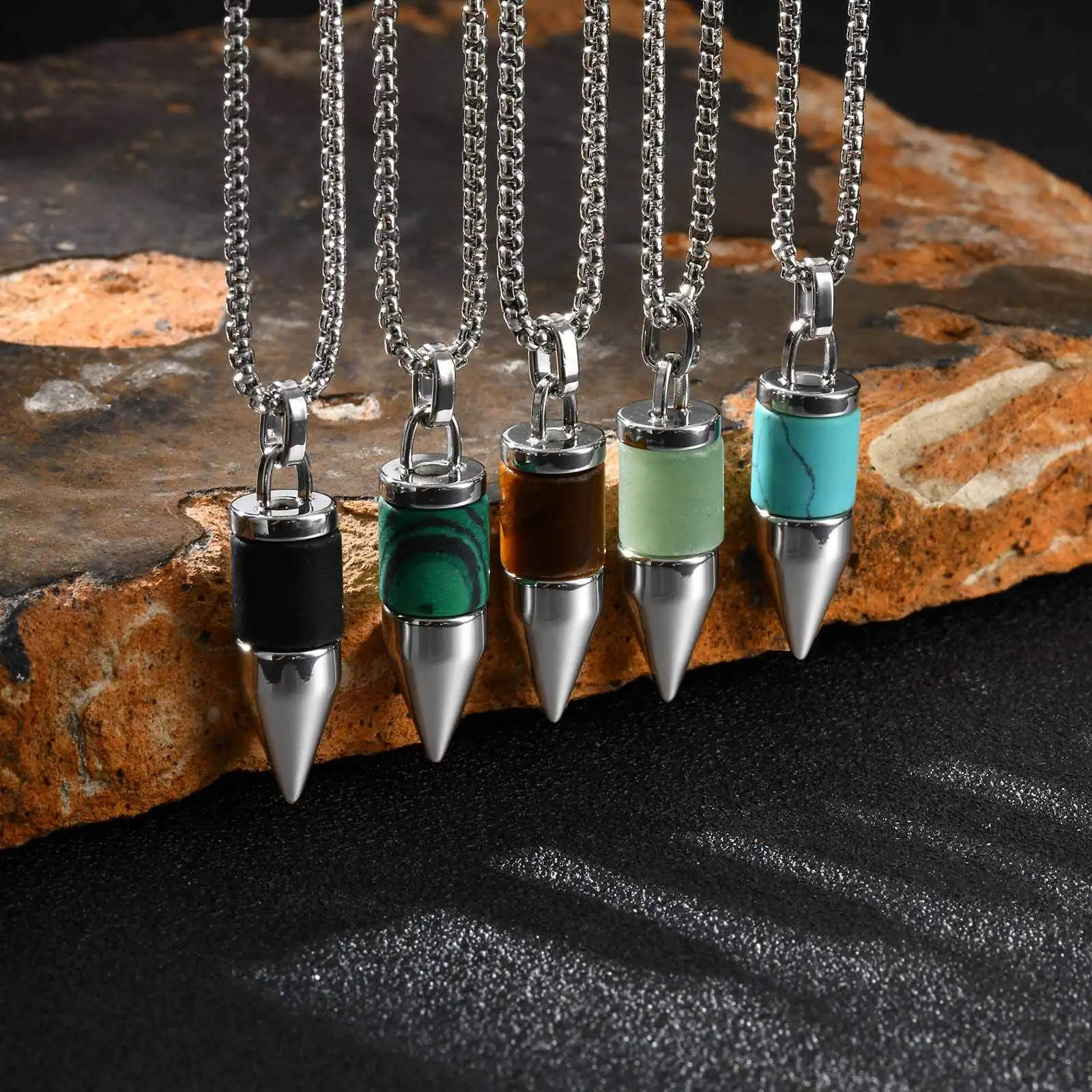 Stylish Bullet Necklaces for Men,Stainless Steel Natural Stone Pendant Necklace,Healing Jewelry Gift for Father Husband Son