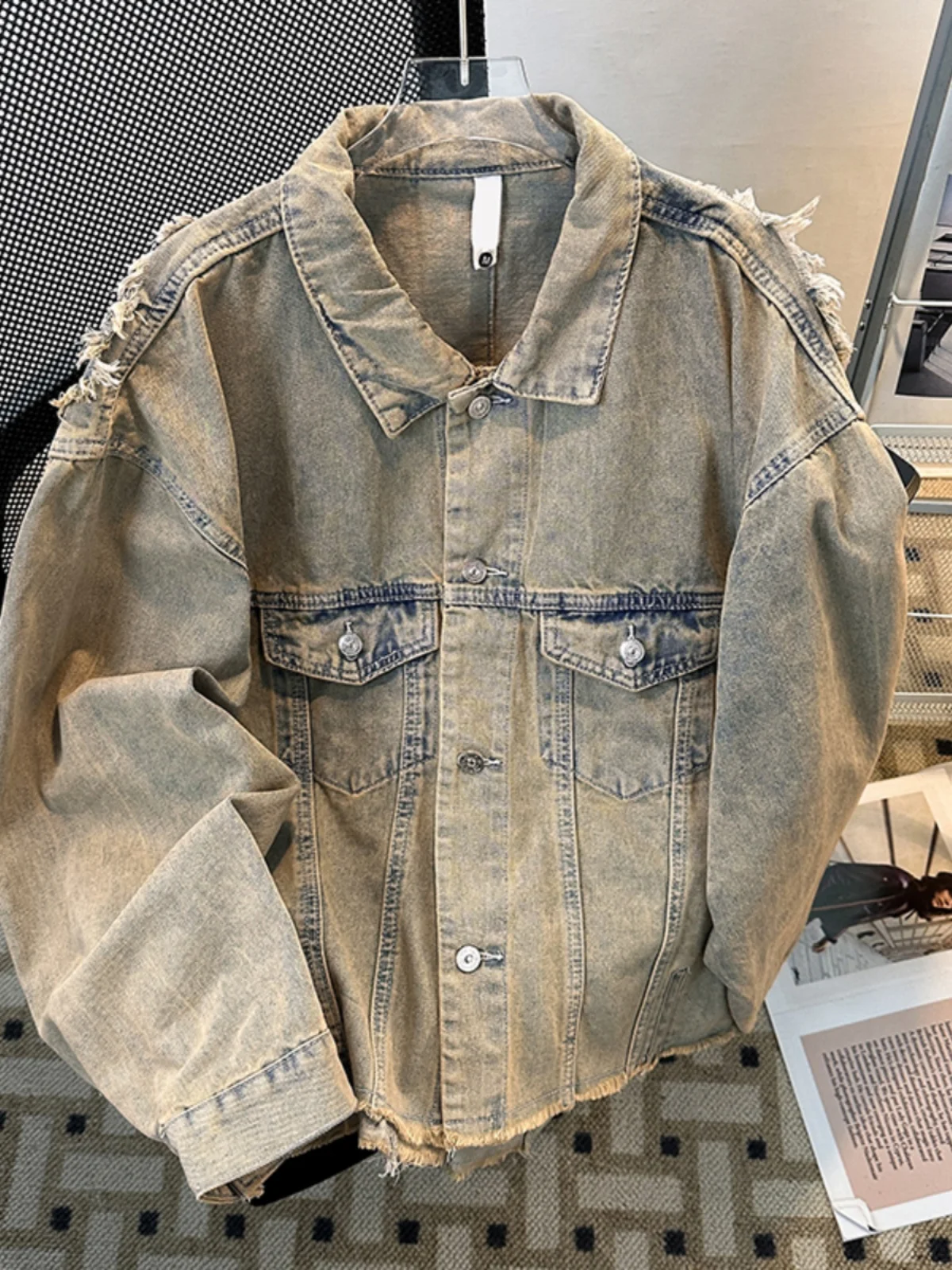 

Винтажная джинсовая куртка для мужчин, весна-осень, модная, в американском стиле, с эффектом потертости, свободный крой, длинный рукав