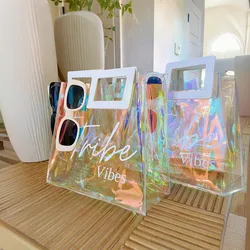 Personalized Women Casual Beach Bag Custom Name Reusable Holographic Iridescent Tote For Holiday Gifts Wedding Bridesmaid Bags