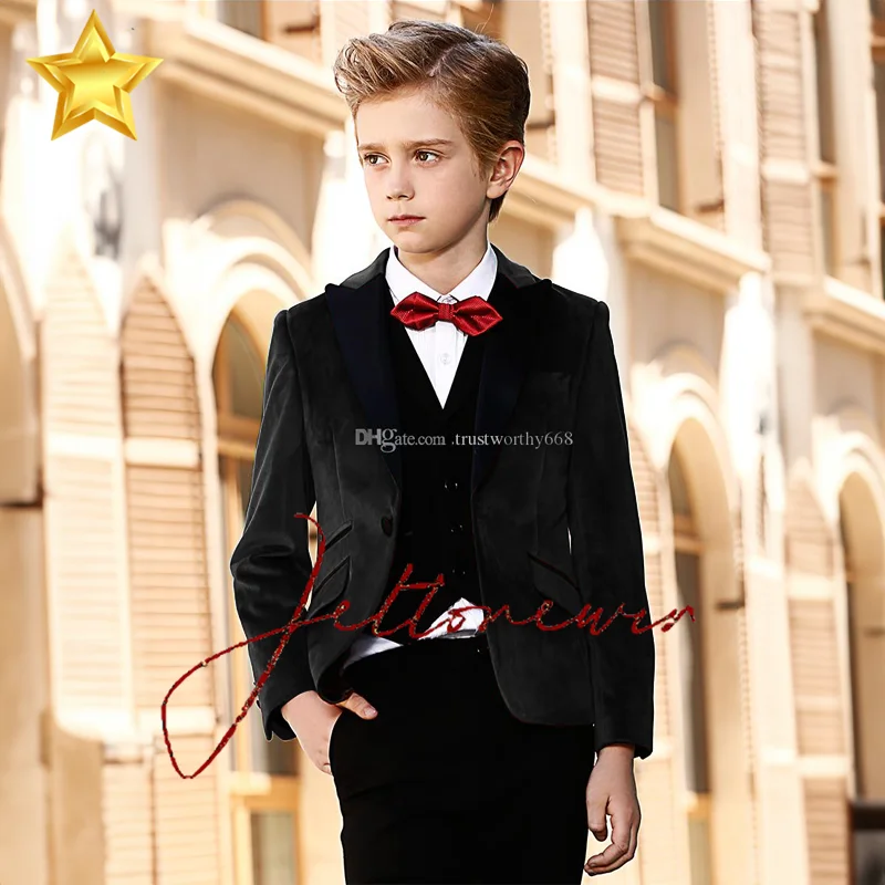 Red Velvet Boys Suit 3 Piece Suit Formal Jacket Pants Vest Bow Tie Kids Wedding Tuxedo Winter Festival Clothes