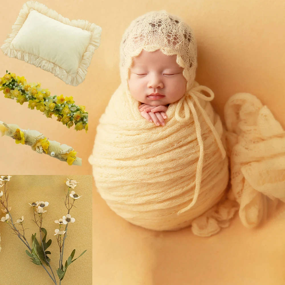 Newborn Photography Stretch Printed Wrap Adjustable Artificial Flower Headband Lace Hat Photo Props Studio Shooting Accessories