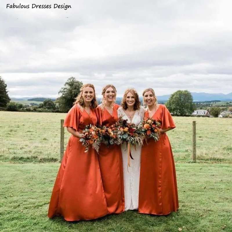 Vestidos de dama de honra laranjas para mulheres, manga curta, decote em v, vestidos de noite encantadores, festa do convidado do casamento