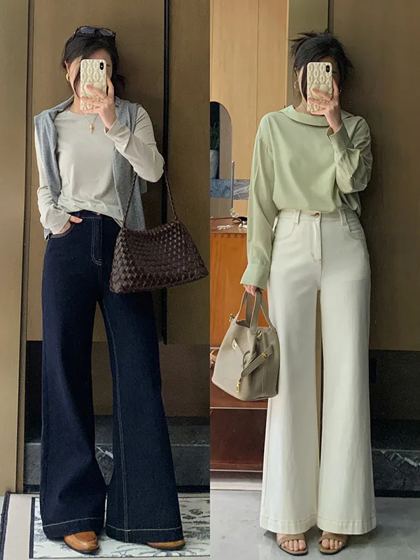 

Spring Summer Vintage Style Ruffle Hem Straight Leg Super Slim Fit Four Way Stretch Denim Pants High Waist Cotton Blend