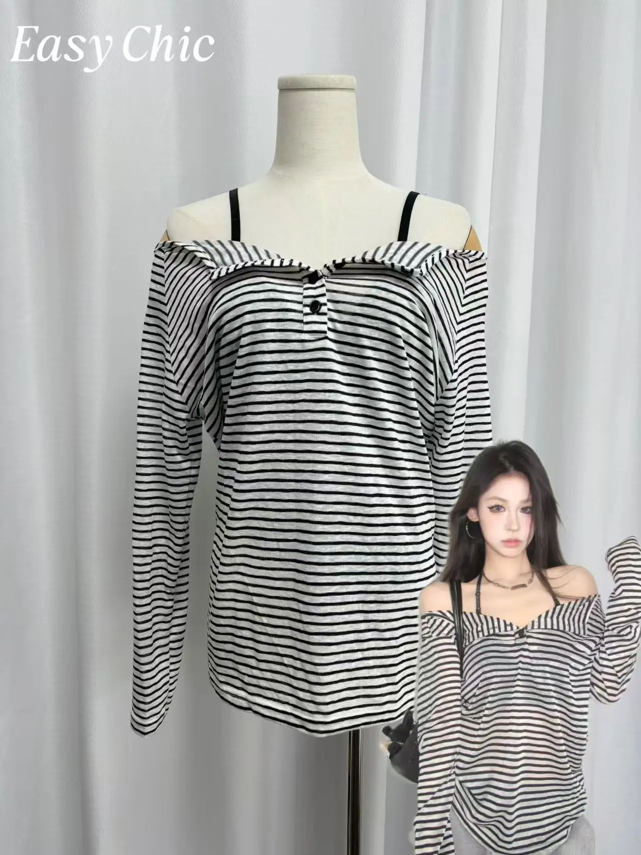 

Sexy Off Shoulder Striped Top - Women's Long Sleeve Loose Casual Tee Shirt, Y2K Streetwear Fashion