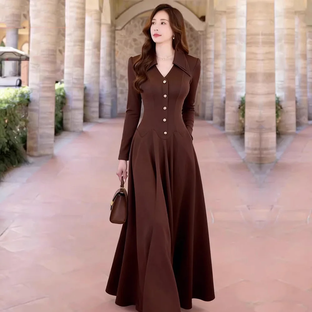 New Women Elegant Long Dress Spring Fashion French Style Turn-down Collar Slim Waist Long Sleeve Dress Solid Collar A-Line Dress
