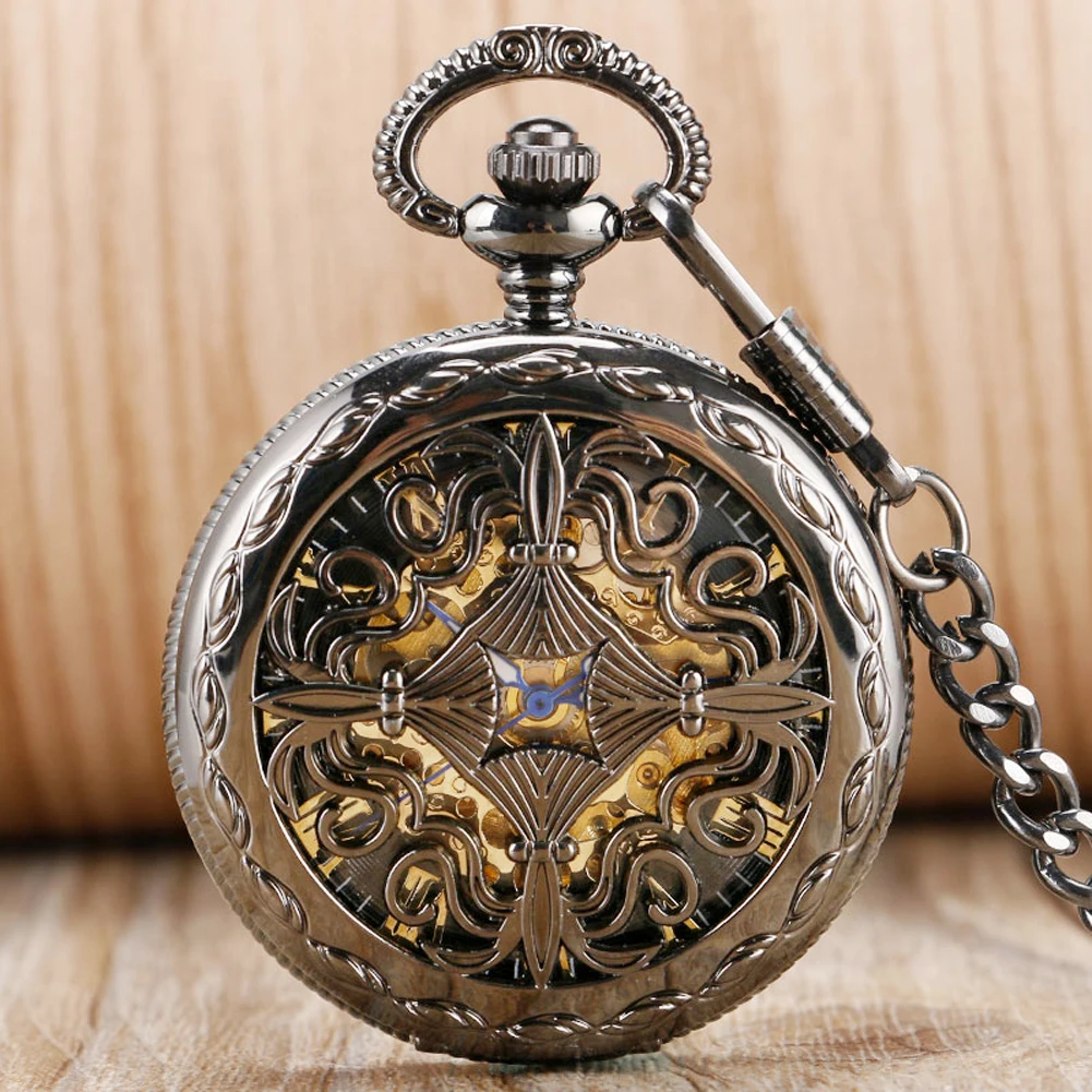 Openwork Flower Pattern Pocket Watches Clock Fashion Black Hollow Automatic Mechanical Pocket Watch Pendant Roman Numeral Dial