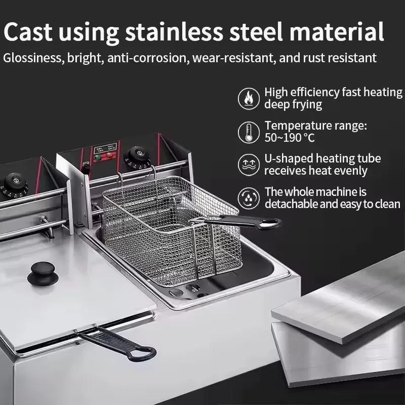 مقلاة زيت مزدوجة كهربائية تجارية، مقلاة عميقة بدرجة حرارة ثابتة لبطاطس مقلية للدجاج، ستانلس ستيل