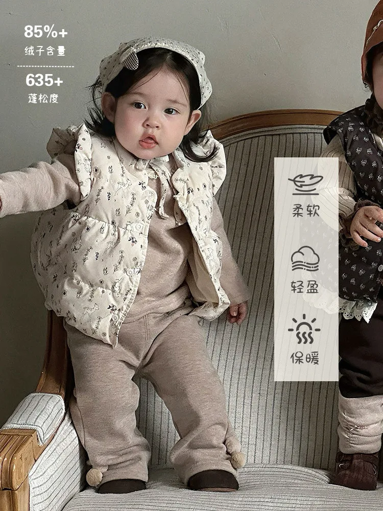 Girls' Vest White Duck Down Autumn Winter Infant Outdoor Wear Vest Baby Girl Floral Sleeveless Down Jacket aClass