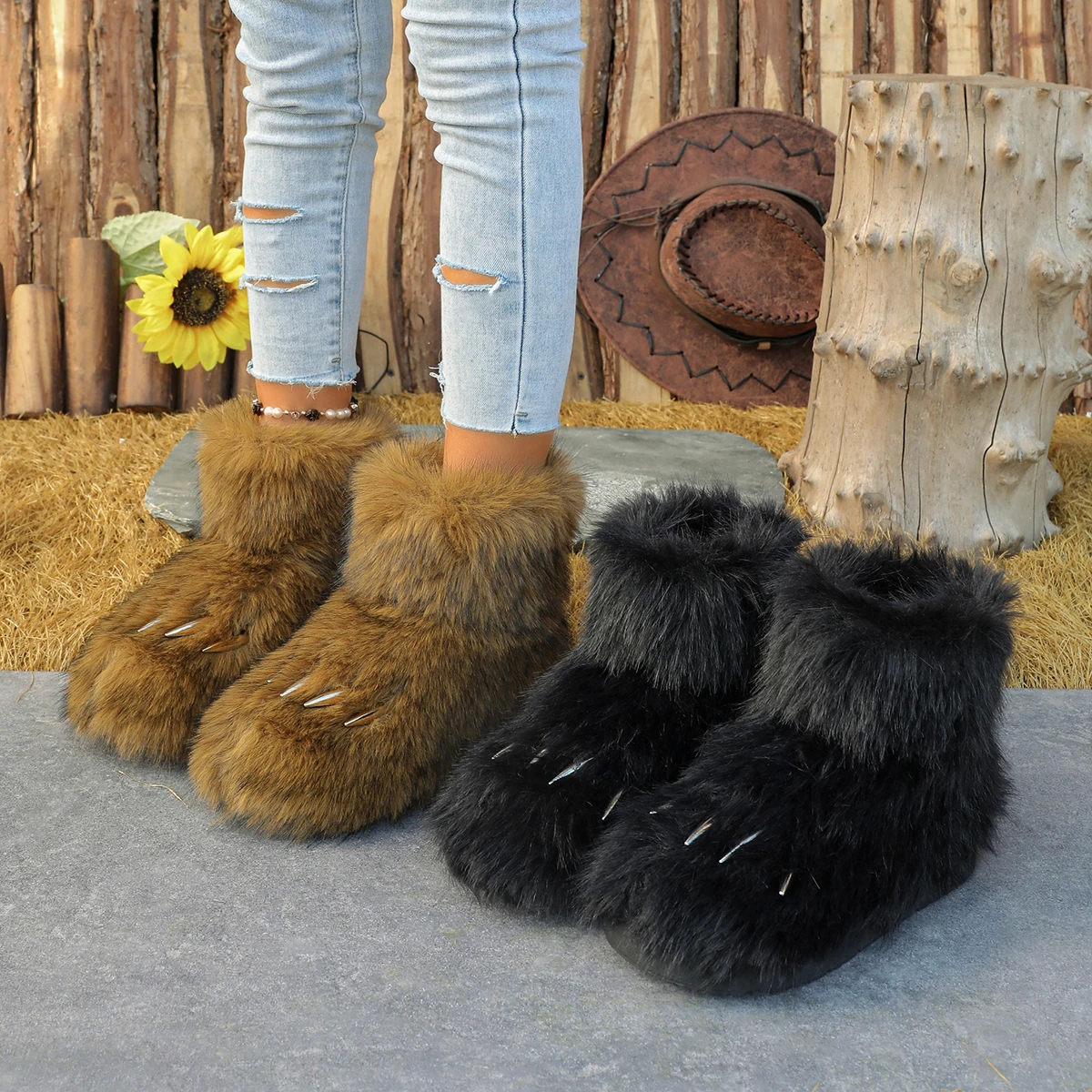 Autumn and Winter Trend Personalized Bear Claw Design Plush Short Boots Women's 2026 New Plush Warm Sleeve Non-slip Snow Boots