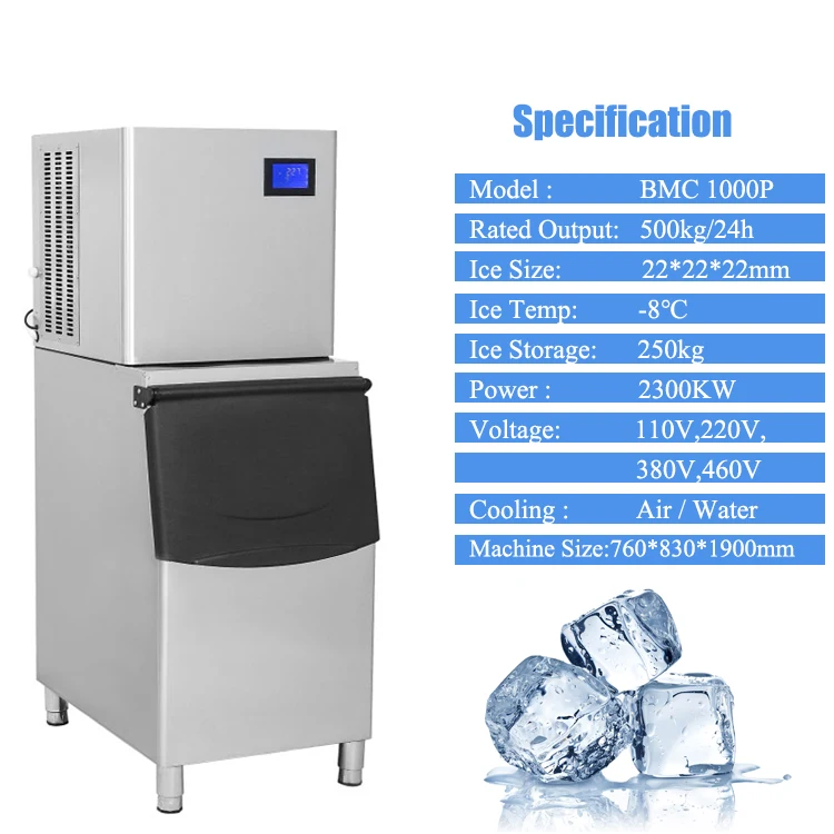 Creatore di cubetti di ghiaccio quadrato raffreddato ad acqua commerciale 220V/2300 w500kg/24H per fabbriche di ghiaccio, negozi e bar