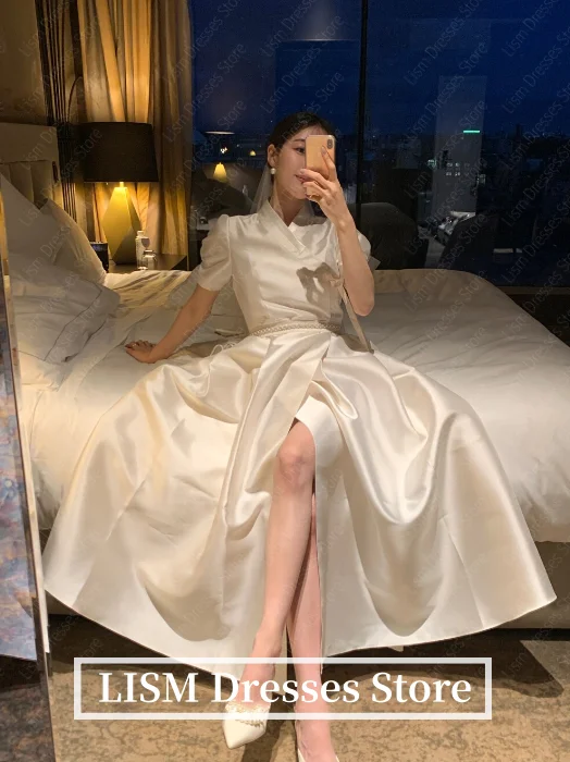 LISM A-Line eleganti abiti da sposa coreani in raso di seta maniche corte abiti da sposa moderni Garona servizio fotografico personalizzato