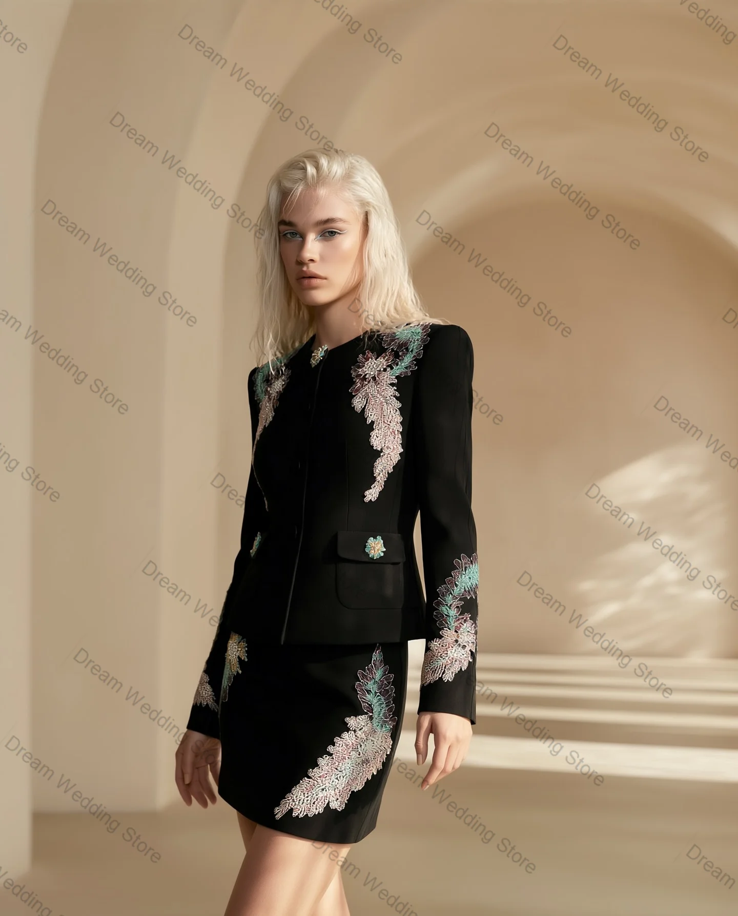 Schwarzes Damen-Anzugrock-Set, 2-teilig, Kristalle, Blazer + kurzes Ballkleid, Baumwolle, formelle Bürodame, Jacke, individueller Gast-Hochzeitsmantel