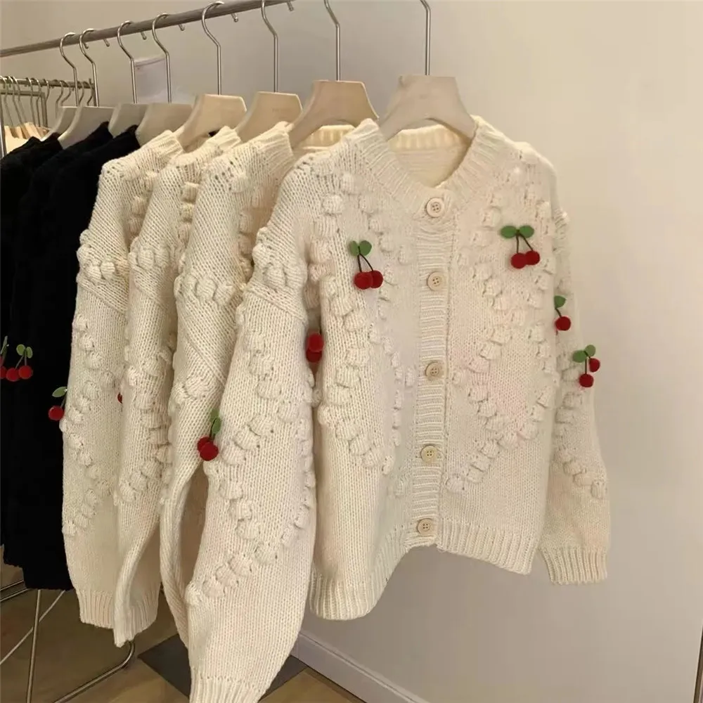 Floral Embroidery Hollow Out Chic Knit Jacket Cherry Beading Cardigans Korean Sweet 2022 New Women Black Winter Handmade Sweater