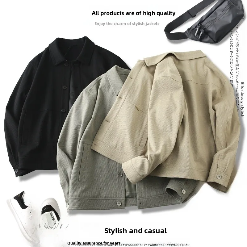 

New Spring Autumn Men's Casual Collar Jaet Stand Fit Long Sve Anti-Wrinkle Crisp 3D Diagonal Texture Outerwear Coat