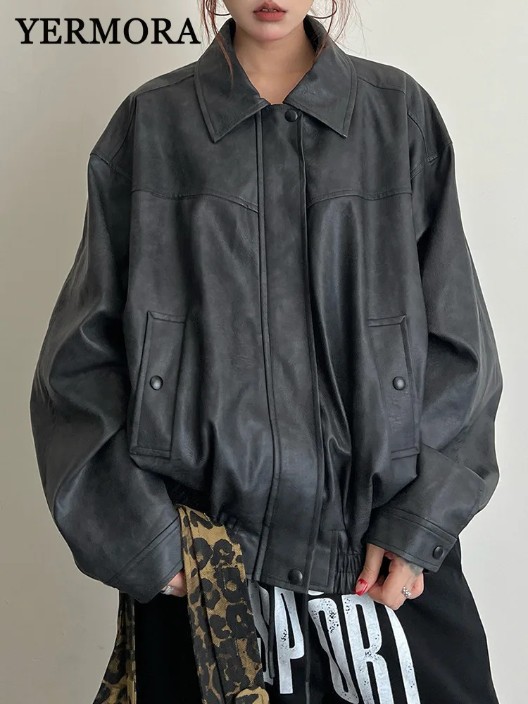 

YERMORA Dark Gray Zipper Pu Leather Casual Short Jacket For Women Lapel Long Sleeve Loose New Coat Fashion Spring Autumn 2025