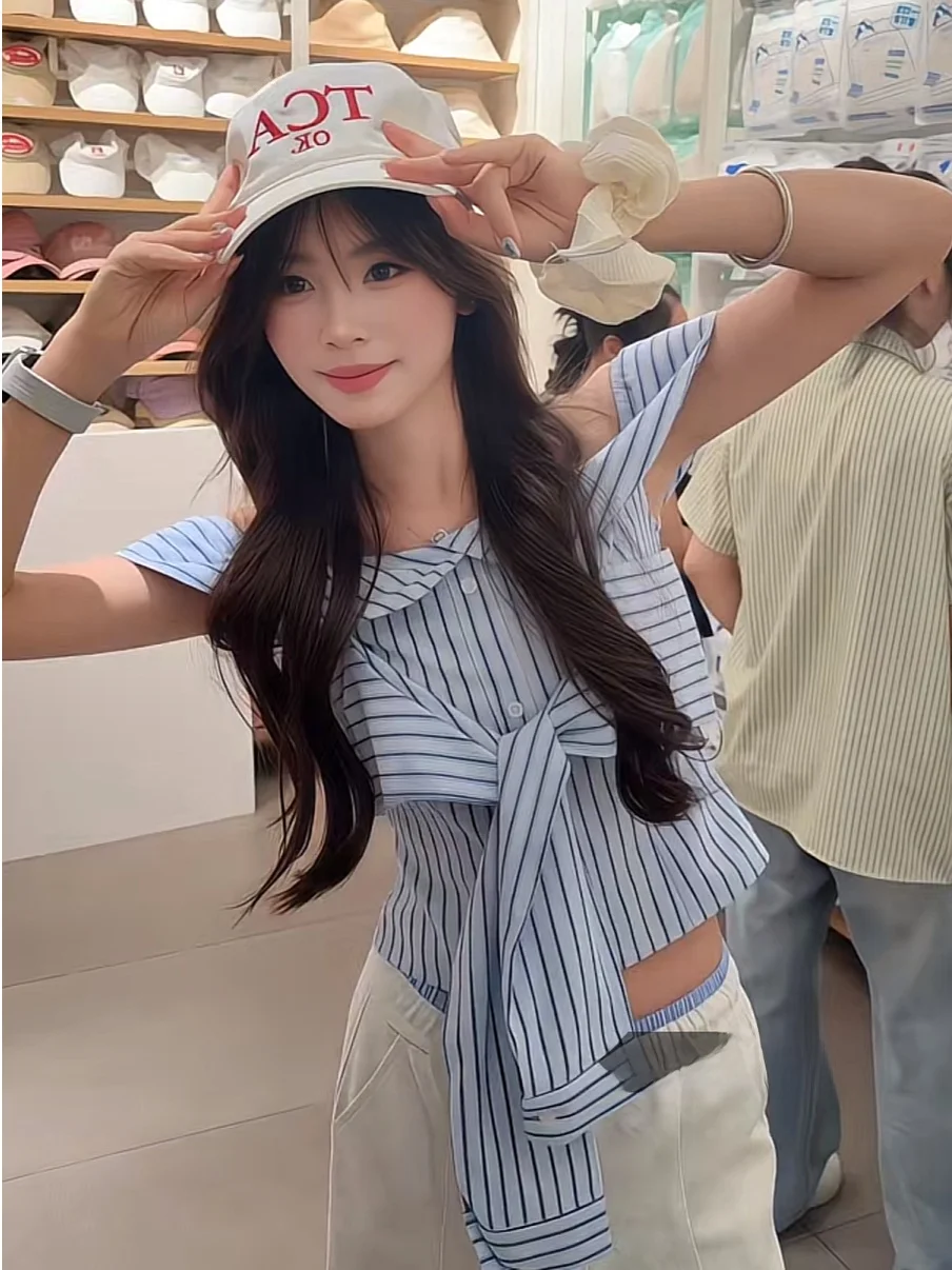 

Женская модная блузка Slim Fit в полоску с коротким рукавом, с дизайном на бретельках, в корейском стиле, для повседневной носки