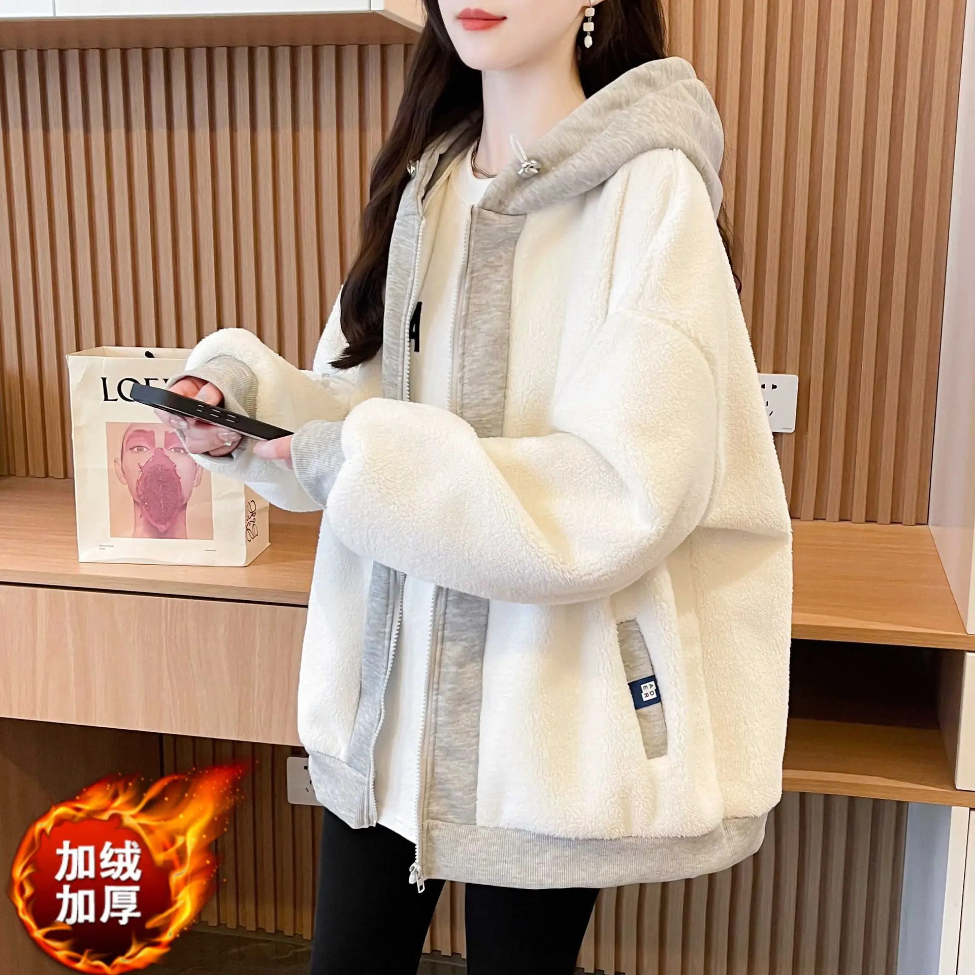 Casual Versatile Autumn And Winter Fleece-Lined Thickened Color-Blocked Hooded Sweatshirt Jacket
