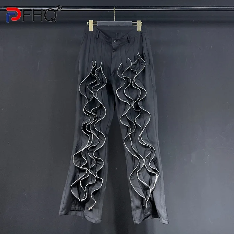 PFHQ New Patchwork Zipper Causal Pants For Men's Loose High Waist Handsome Straight Ins Trousers Men 2023 Summer Fashion 21F3535