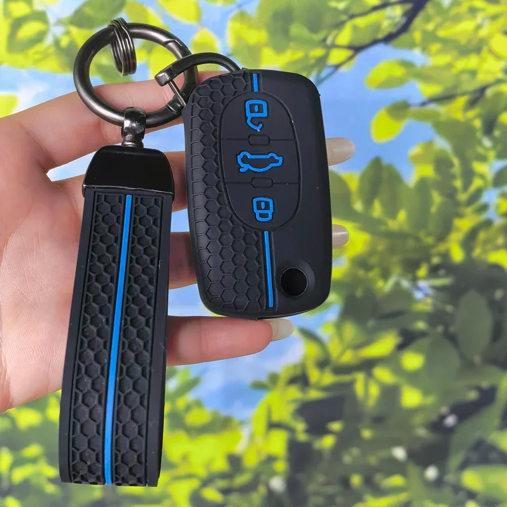 Silicone Folding Remote Cover with Keychain for Audi A1 B6 A6 C5 A4 B5 TT 8N A2 A3, Honeycomb‑Grip Embossed‑Button Key Shell
