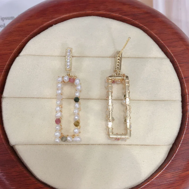 SHDIYAYUN Pearl Earrings Natural Freshwater Pearl Jewelry Tourmaline Rectangle 14K Gold-plated Wire Winding Manual For Women