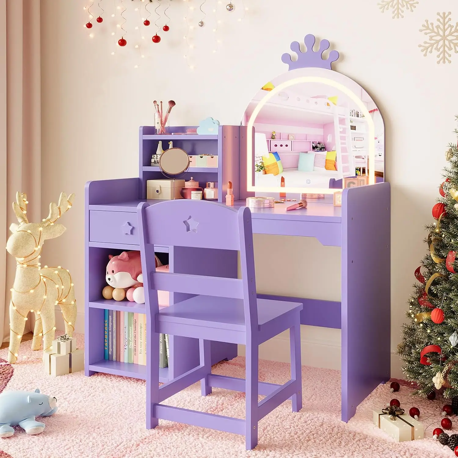 

Детский туалетный столик принцессы 2 в 1, зеркало с подсветкой, туалетный столик и стул для малышей с открытой книжной полкой, шкафом для хранения и полками