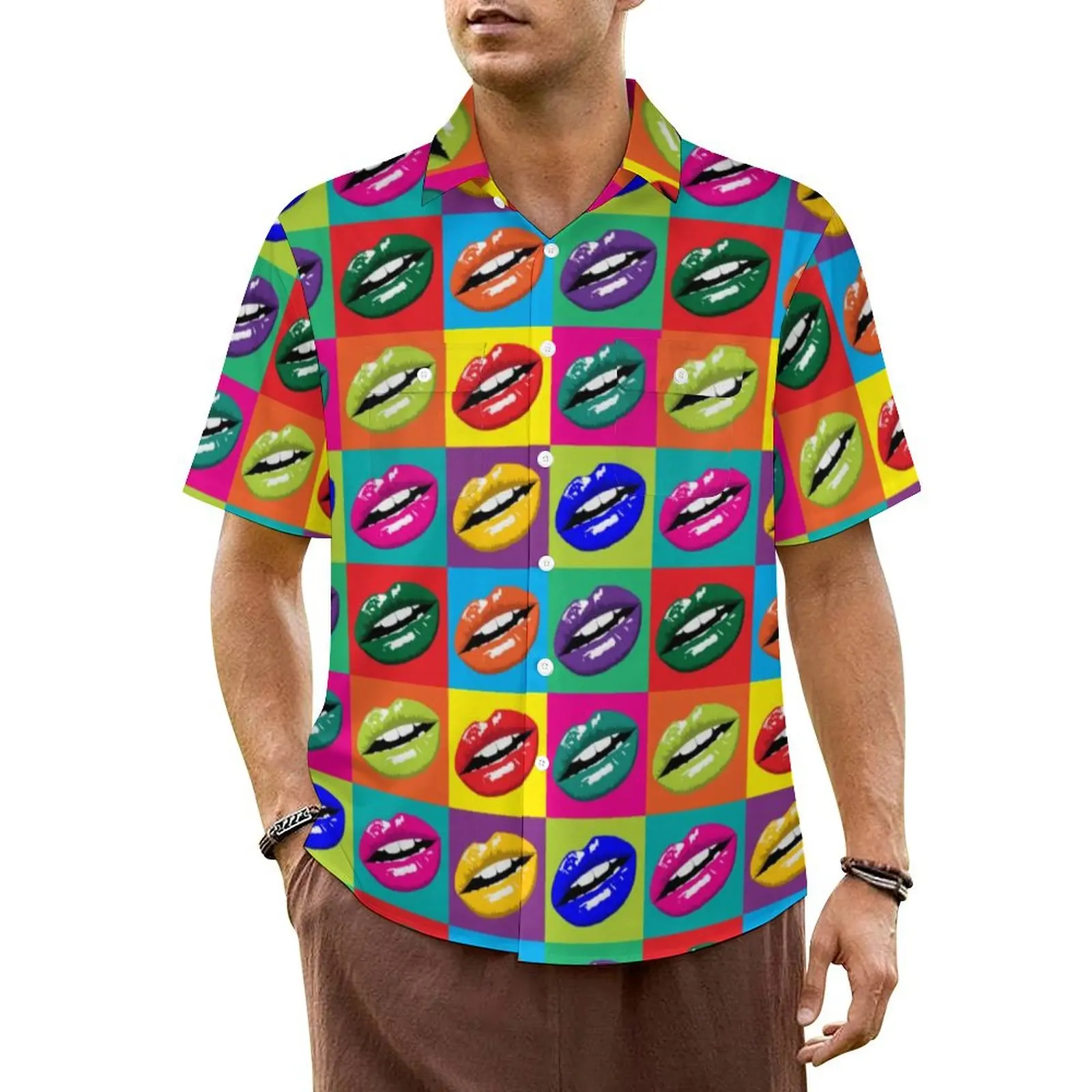 

Colorful Lips Beach Shirt Pop Art Print Hawaii Casual Shirts Men Trendy Blouses Short-Sleeve Harajuku Pattern Clothes