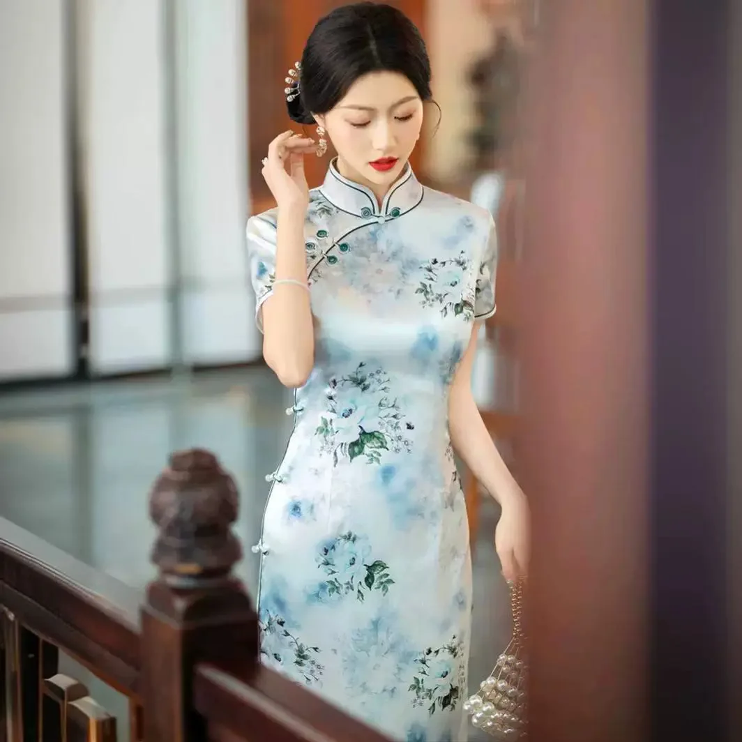 High-End Quality Real Silk Cheongsam Qipao Women's 2024 Summer Short Sleeve Retro Improved Dress Chinese Chi-Pao