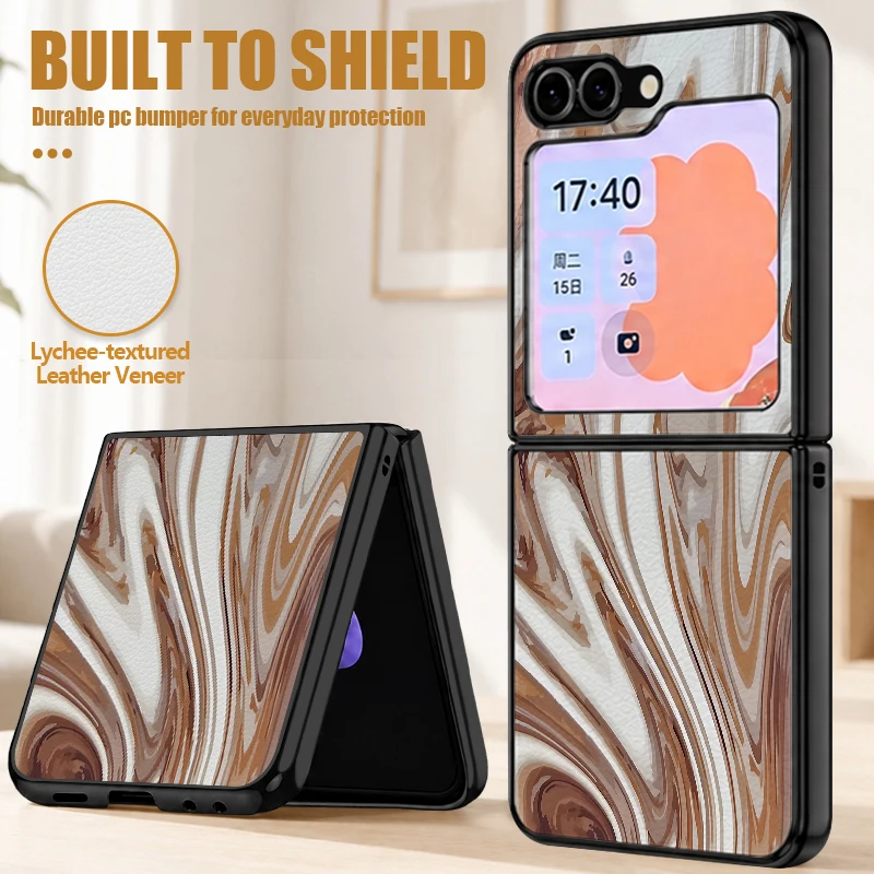Ink Wash Marble Printed Leather Texture Phone Case For Samsung Galaxy Z Flip8 Flip7 FE Flip6 Flip5 Flip4 Flip3 5G Hard PC Cover