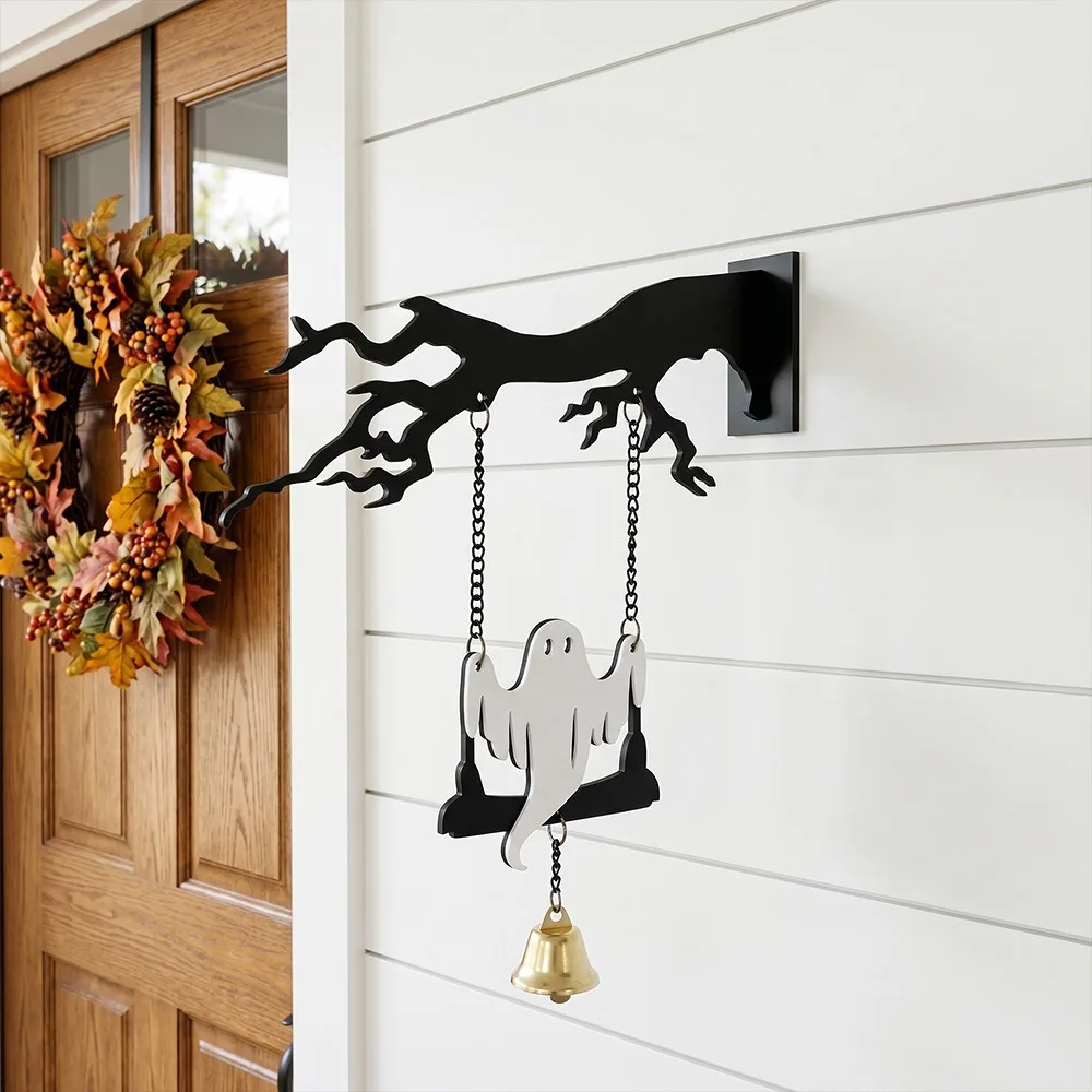 Wall Mounted Halloween Ghost Swinging Doorbell Sounding Acrylic Halloween Branches Hanging Sign No-drill Decorative