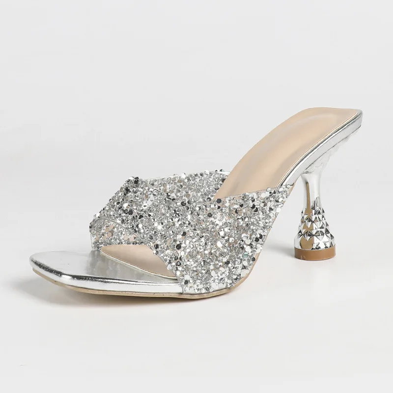 

Silver Women High-heeled Slippers Luxury Rhinestone Open-toe Cool Slippers Temperament Square Head Stiletto High-heeled Slippers