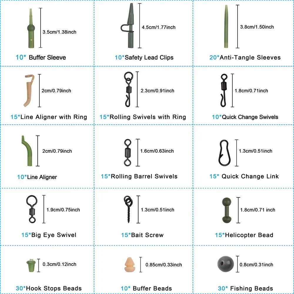 230Pcs Carp Fishing Tackle Kit Carp Fishing Rigs Carp Swivel Snaps Helicopter Rigs Leader Clips Rubber Sleeves Accessories