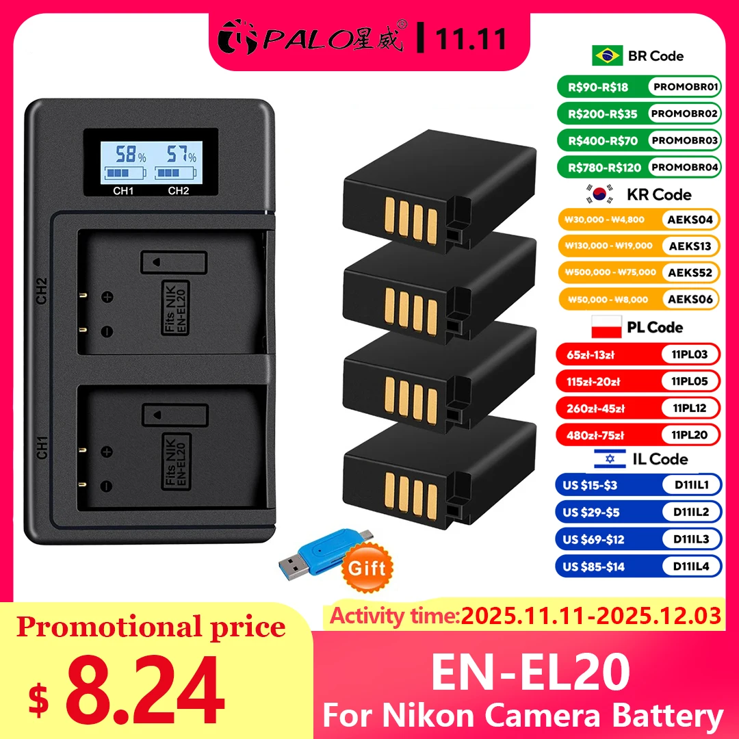 PALO EN-EL20A EN-EL20 แบตเตอรี่ + LCD Dual Charger สําหรับ Nikon Coolpix P1000, 950, 1 j1, 1 J2, 1 J3, 1 S1, 1 V3, A, A 1, AW1 กล้อง