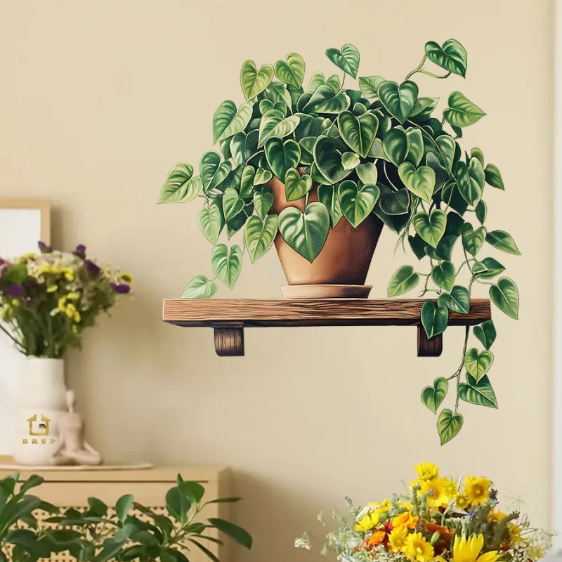 

Green Radish Plant Flower Potted Wall Sticker Home Artificial Greenery Decoration Sticker Self-Adhesive Removable