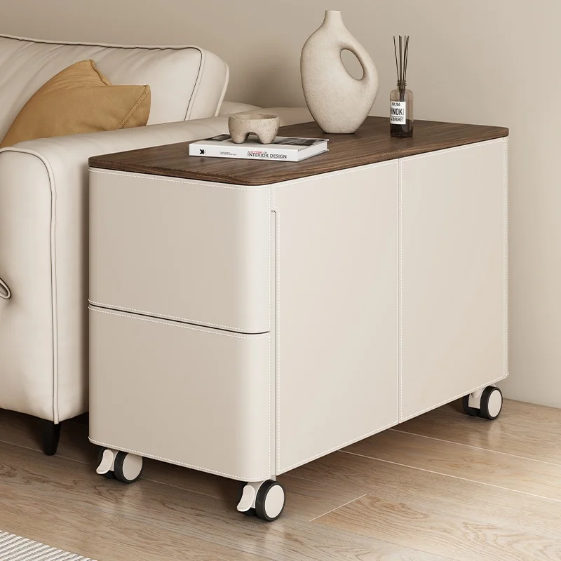 *New Solid Wood Small Apartment Corner Table Movable Side Cabinet Coffee Table Saddle Leather Sofa Metal Material Living Room