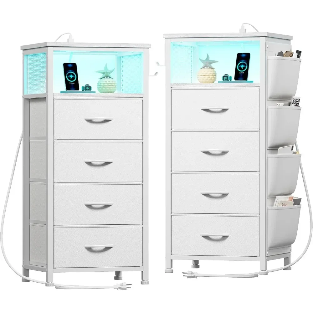 Nightstands Set of 2 with Charging Station & LED Lights Tall Nightstand with Cloth Bags & Hooks Modern Table W Drawers Storage