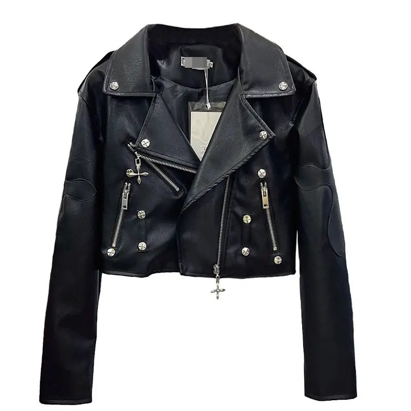 

2024 New Spring Autumn Leather Jacket Women Short Fashion Motorcycle Small Coat Slim