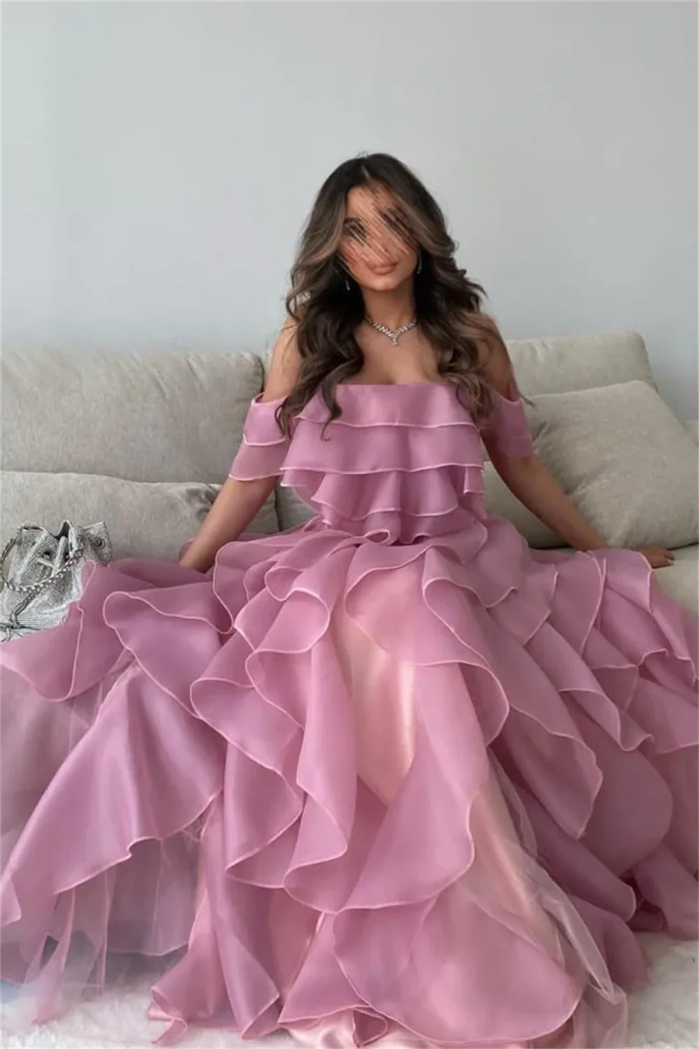 Cathy Dirty Pink Off Shoulder Organza Prom Dress Elegant Edge Curl A-line vestidos par boda Empire Waist Wedding Dress 2024