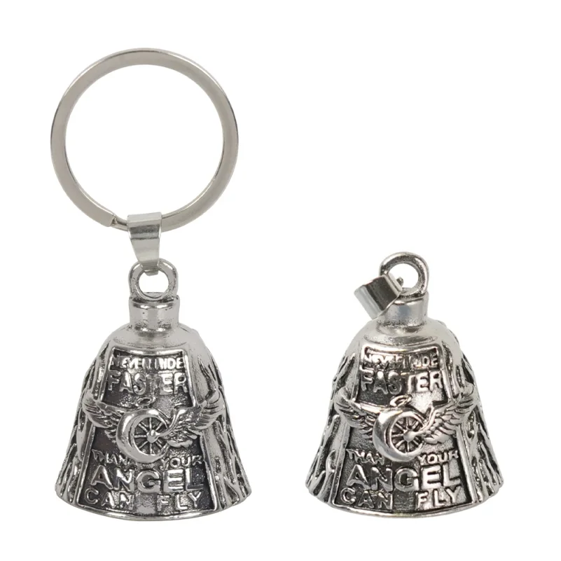 Clochette de protection pour moto en acier inoxydable, clochette ange, clochette spirituelle avec chaîne ou porte-clés, pendentif clochette de protection pour la conduite