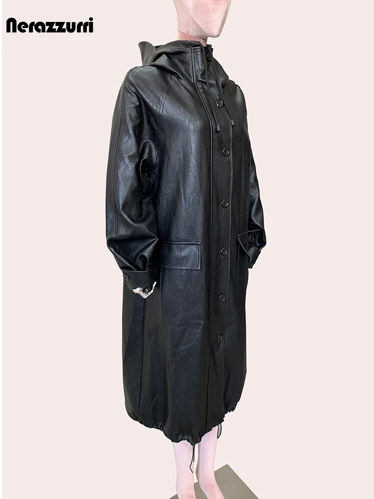 Nerazzurri Autumn Long Oversized Waterproof Black Hard Pu Leather Coat for Women with Hood Zip Up Loose Korean Emo Clothes 2024