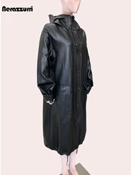 Nerazzurri Autumn Long Oversized Waterproof Black Hard Pu Leather Coat for Women with Hood Zip Up Loose Korean Emo Clothes 2024