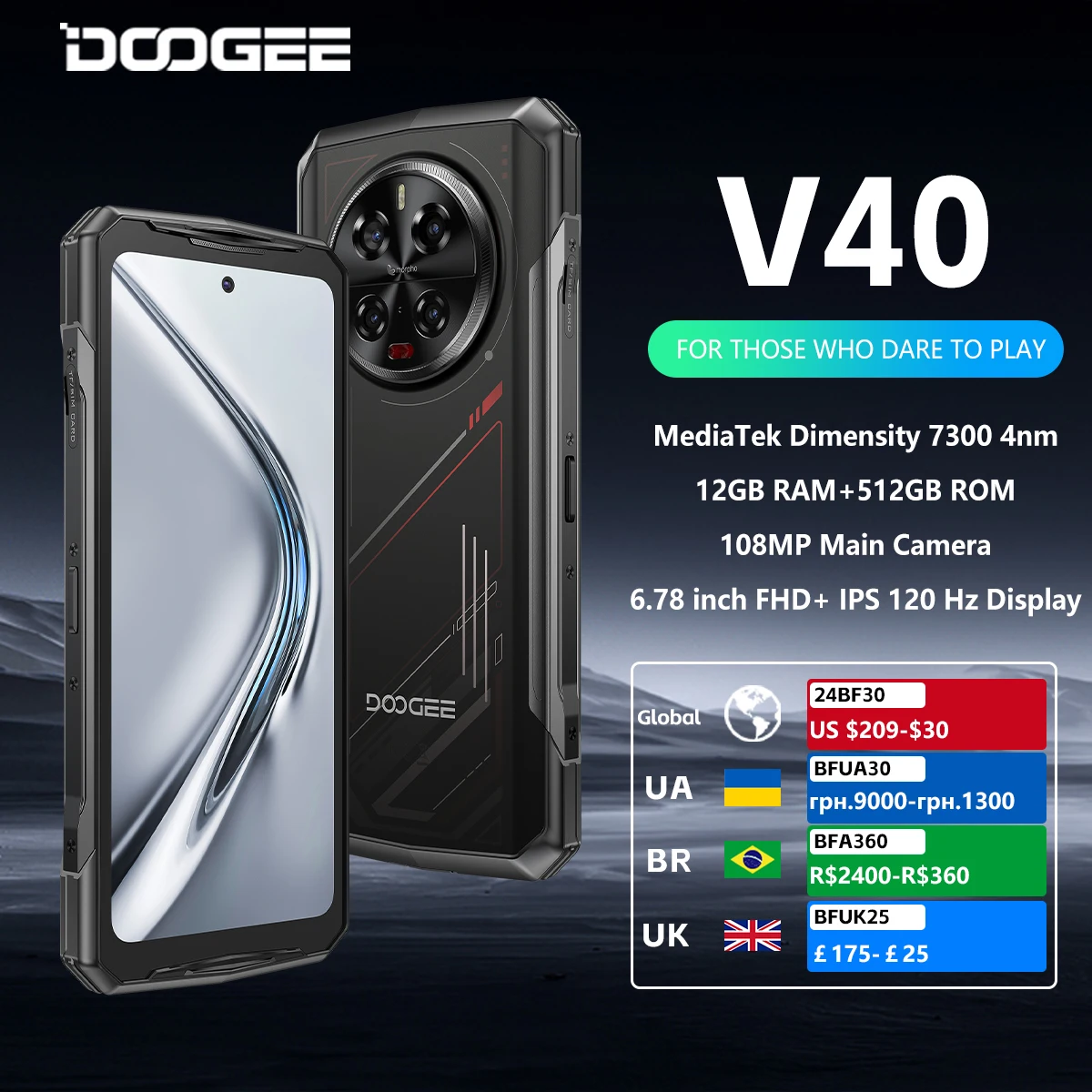 DOOGEE V40 5G هاتف متين 12GB 512GB الألعاب الهاتف الذكي الأبعاد 7300 6.78 "120 هرتز عرض 108MP آل كاميرا NFC