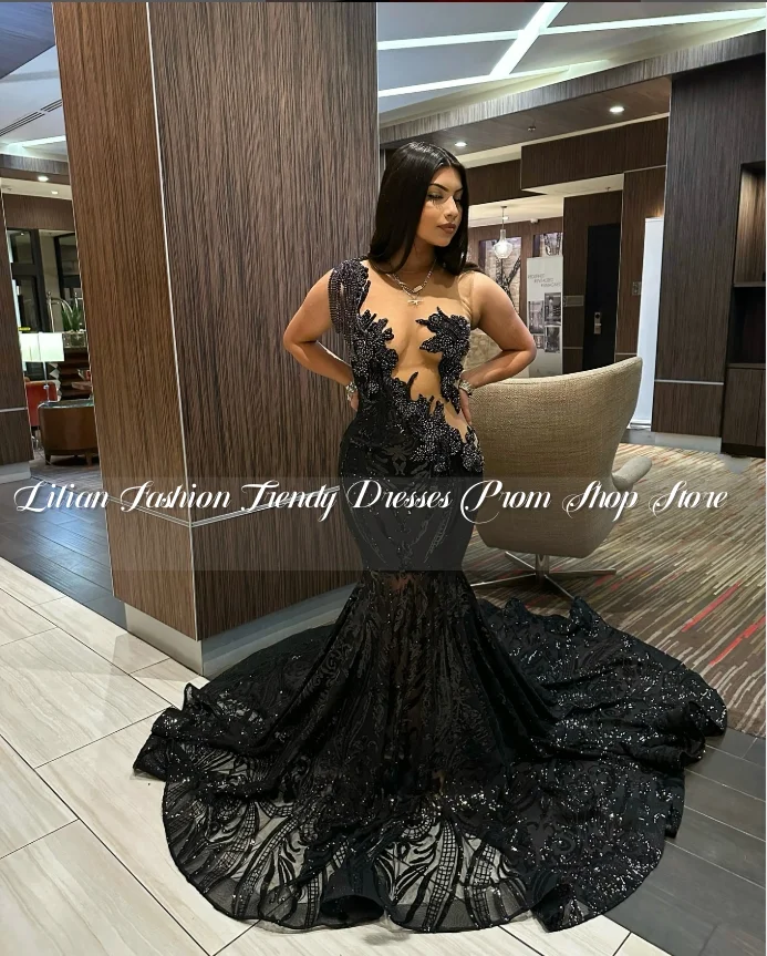 

Black Gorgeous Hollow Mermaid Prom Dress Exquisite See-through Mesh African Wedding Evening Customized vestido festa luxuoso