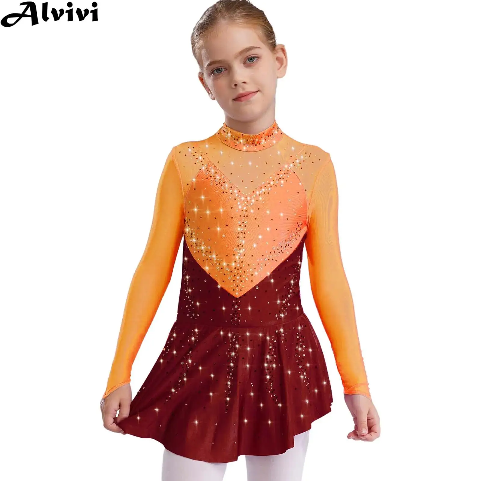 

6-16Y Girls Long Sleeve Figure Skating Dress Sheer Mesh Shiny Rhinestone Modern Lyrical Dance Ballet Gymnastics Leotard Dresses