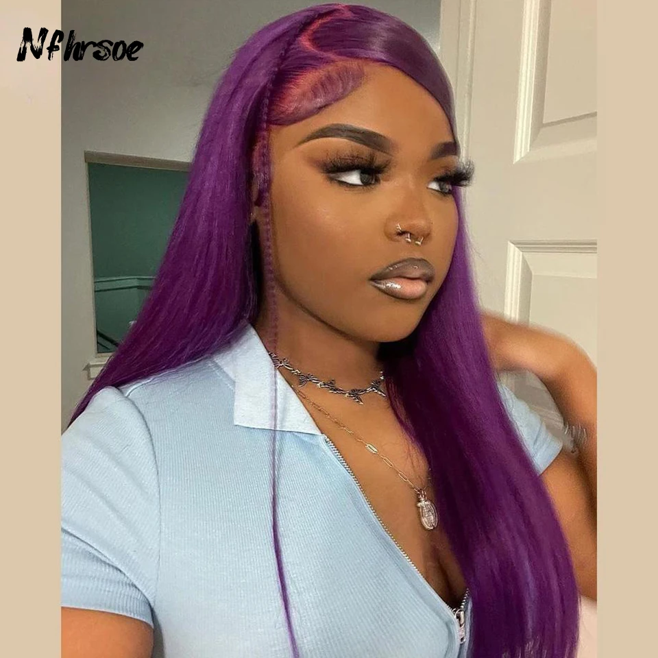

Transparent 13x4 Lace Frontal Wigs Brazilian Colored Human Hair Wig Dark Purple Long Straight Cosplay For Women Wear And Go