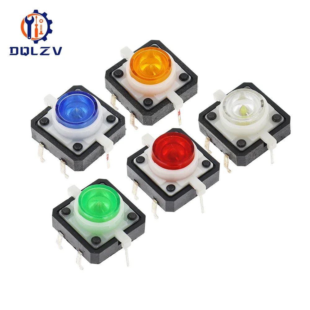 5PCS Reset Button Momentary Switch With Light 12x12x7.3 mm Green Red Yellow Blue White LED Illuminated Tact Switch 12*12*7.3 MM